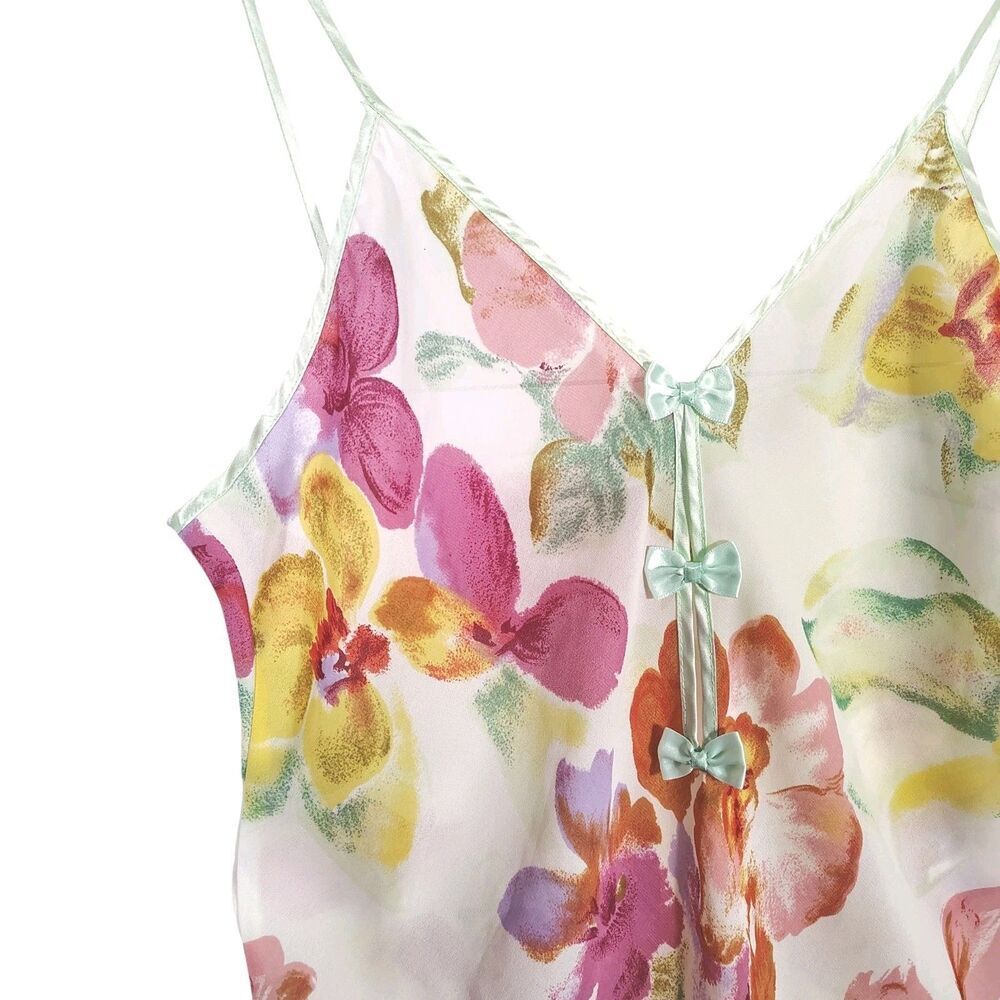 Vintage 90s Floral Slip Dress Size M Bow Trim Lingerie Y2K Coquette Romantic
